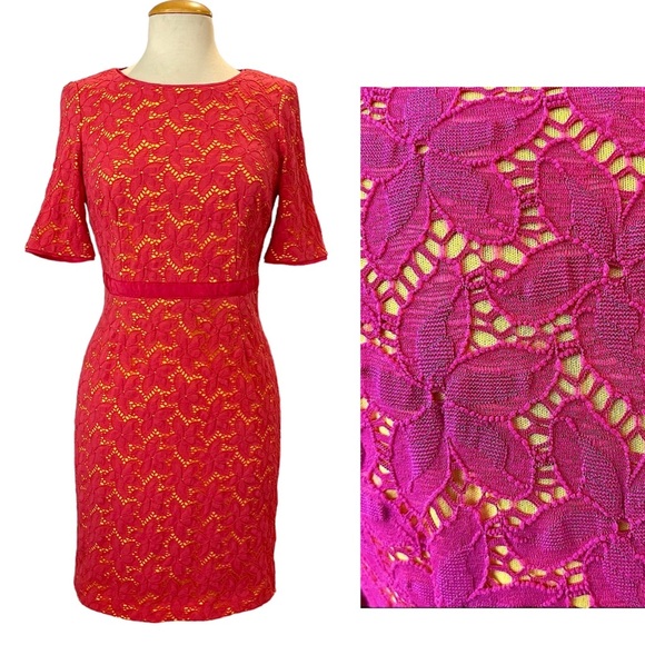 Maggy London Petites Stretch Mini Dress 8P Pink Lace Overlay Yellow Lining Barbi - Picture 1 of 15